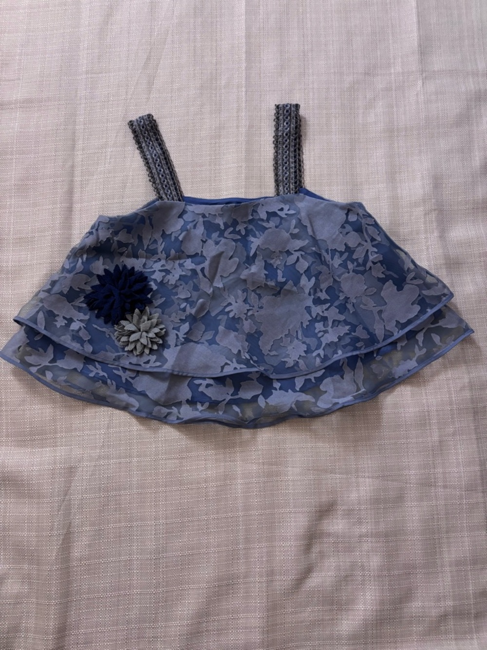 Plains&Prints Blue Floral Tiered Ruffle Crop Top with Flower Appliqués